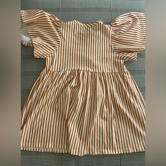 Bobo Choses, Girl’s Orange Vertical Stripes Ruffle Sleeves Dress - Picture 9 of 9